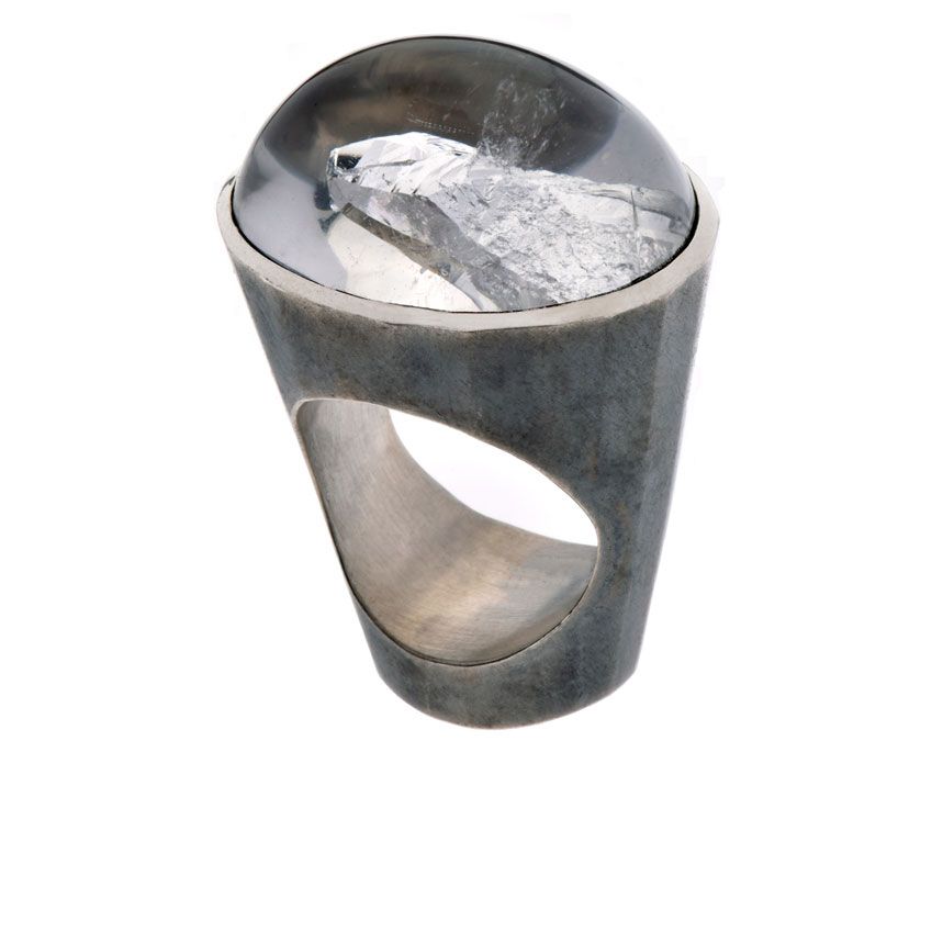 925/-Silber oxidiert 1 Bergkristall 60,823 ct Cabouchon