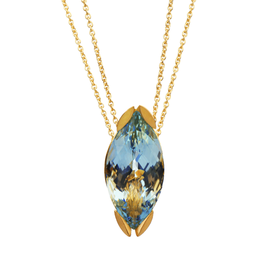 Design-Halsschmuck "Schiffchen II" von Matthias Grosche - handgefertigte Schmuckkunst aus Gelbgold mit einem Aquamarin aus dem Galeriehaus Grosche, Castrop-Rauxel bei Herne im Kreis Recklinghausen